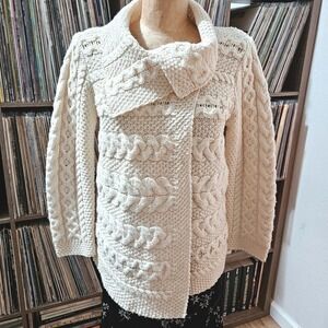 Inis Crafts Merino Aran Cardigan Cream S Ireland 90s Vintage Fisherman Knit